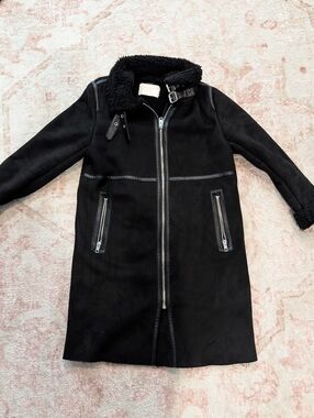 Zara Black Faux Shearling Long Moto Coat with Zip Details